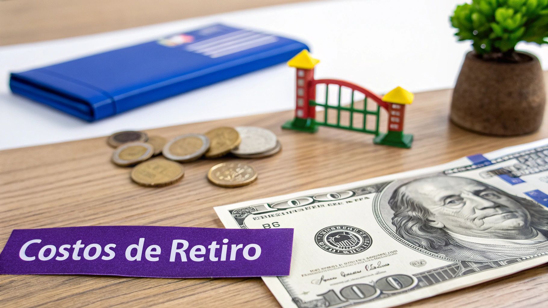 Imagen con billetes de dólar, monedas, un cartel de 'Costos de Retiro' y elementos decorativos que representan ahorro y planificación.