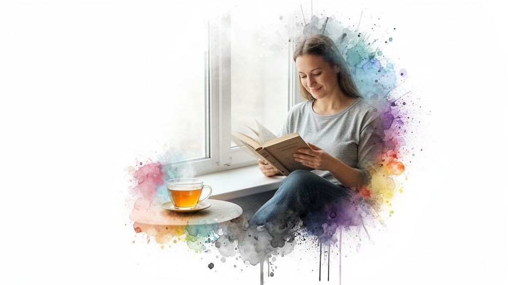 A smiling woman reads a book by a window with a steaming cup of tea nearby.