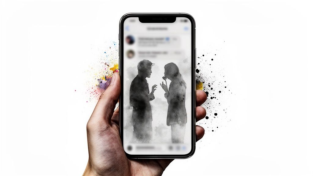 A hand holds a smartphone displaying a grayscale illustration of two people talking amidst paint splatters.