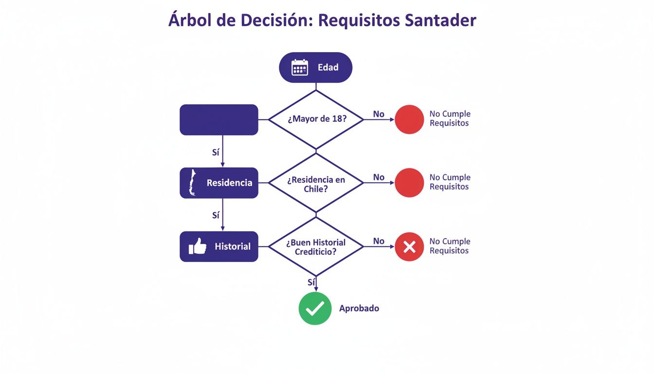 Árbol de decisión de requisitos Santander: edad, residencia en Chile e historial crediticio para aprobación.