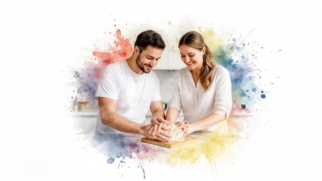 Happy couple smiling while kneading dough together in a bright kitchen, surrounded by colorful watercolor splashes.