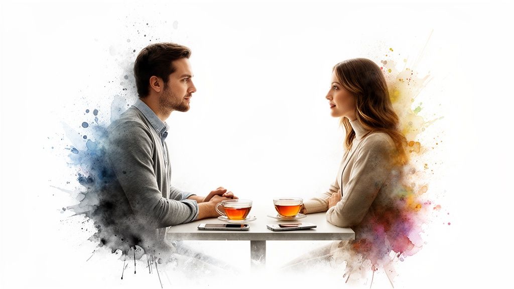 A man and woman sit at a table, looking at each other with colorful watercolor splashes.