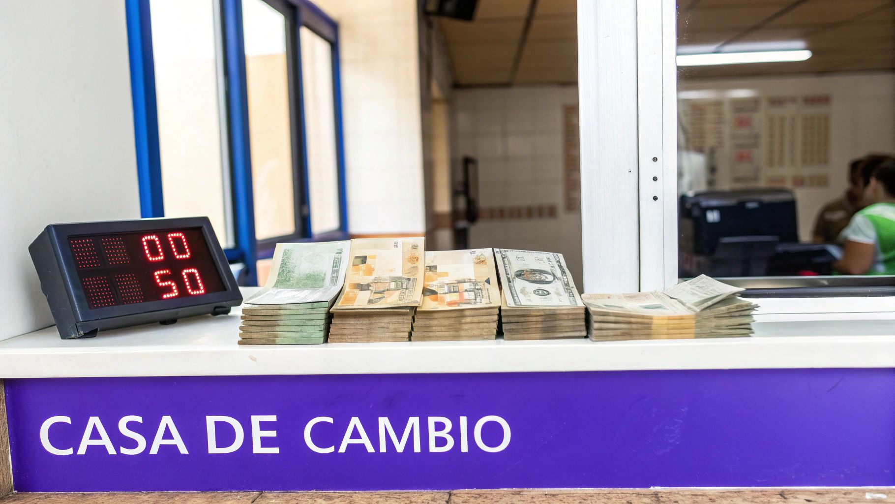 Montones de billetes, un indicador digital y el letrero 'CASA DE CAMBIO' en un mostrador.