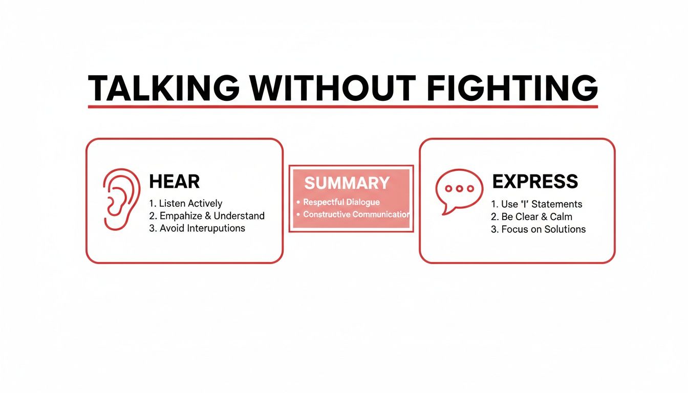 Diagram illustrating communication strategies for talking without fighting, with sections on hearing and expressing.