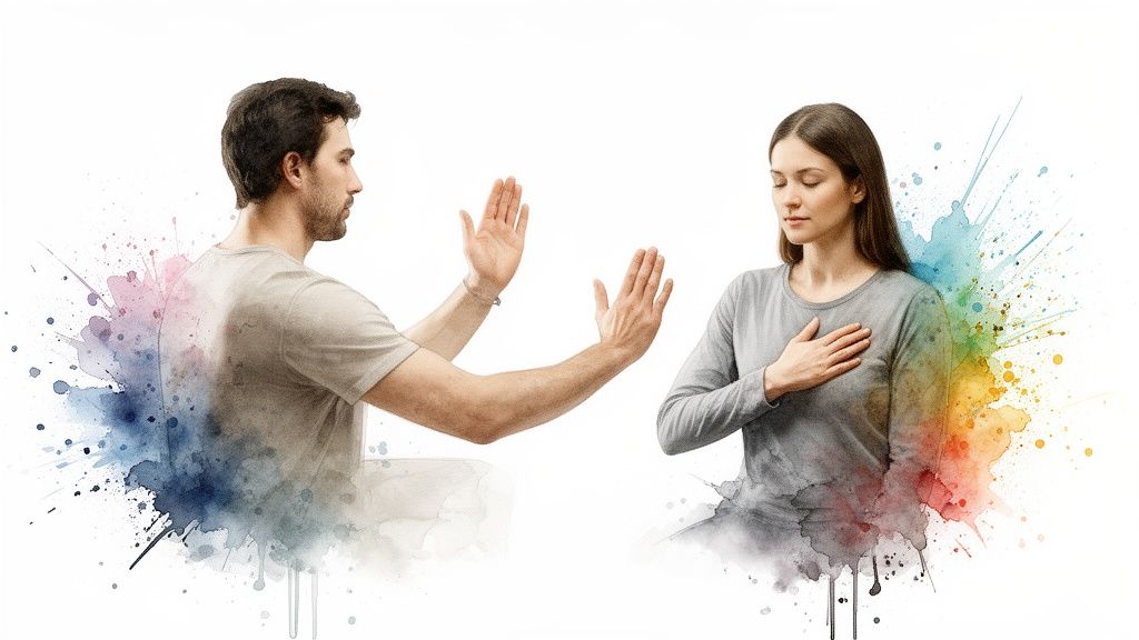 A man setting boundaries with raised hands, facing a woman with hand on chest, surrounded by colorful watercolor splashes.