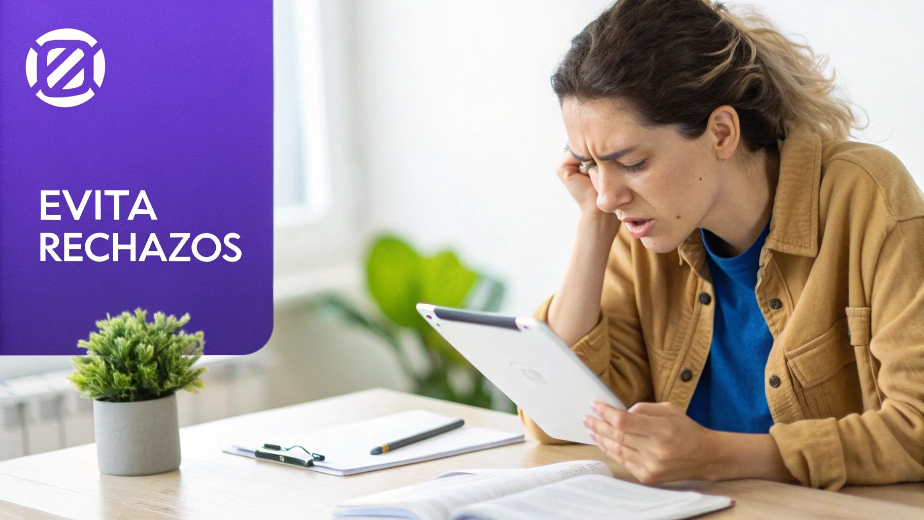 Mujer con expresión de preocupación mirando una tablet, con el texto "EVITA RECHAZOS" en un recuadro morado.
