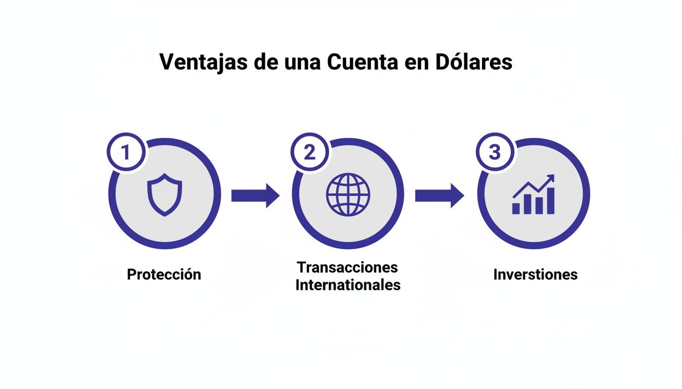 Infografía que muestra las 3 principales ventajas de una cuenta en dólares: protección, transacciones internacionales e inversiones.