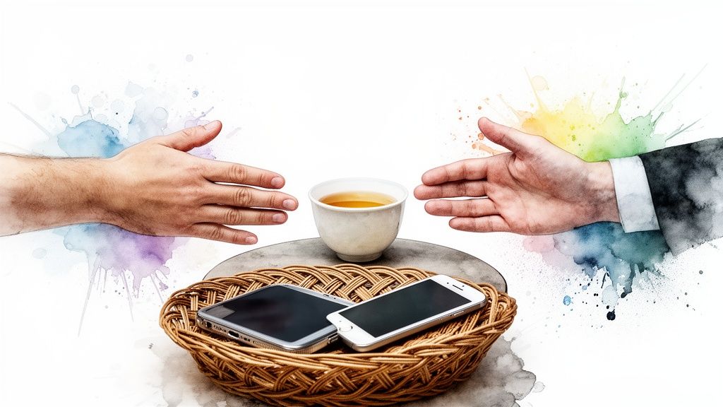 Two hands reaching over a tea cup and smartphones in a basket, against a watercolor background.