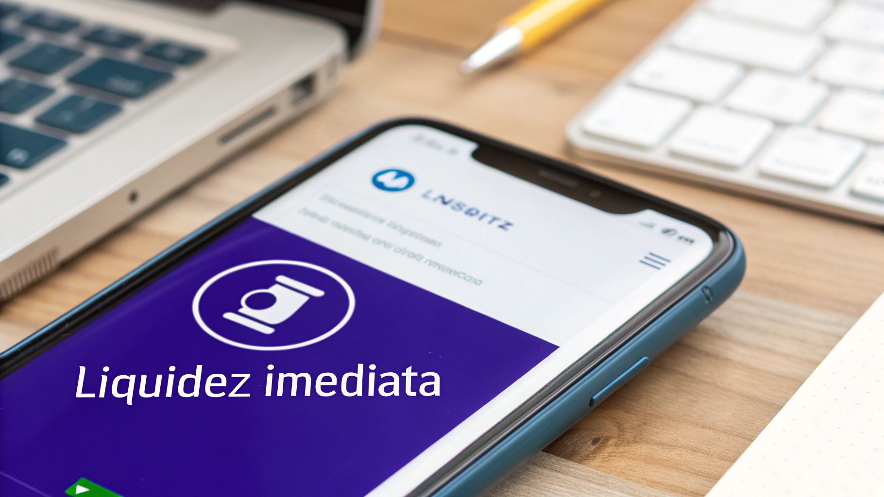 Un teléfono inteligente muestra una aplicación con el texto 'Liquidez inmediata' y el logo 'LNSDITZ', con un portátil y teclado de fondo.