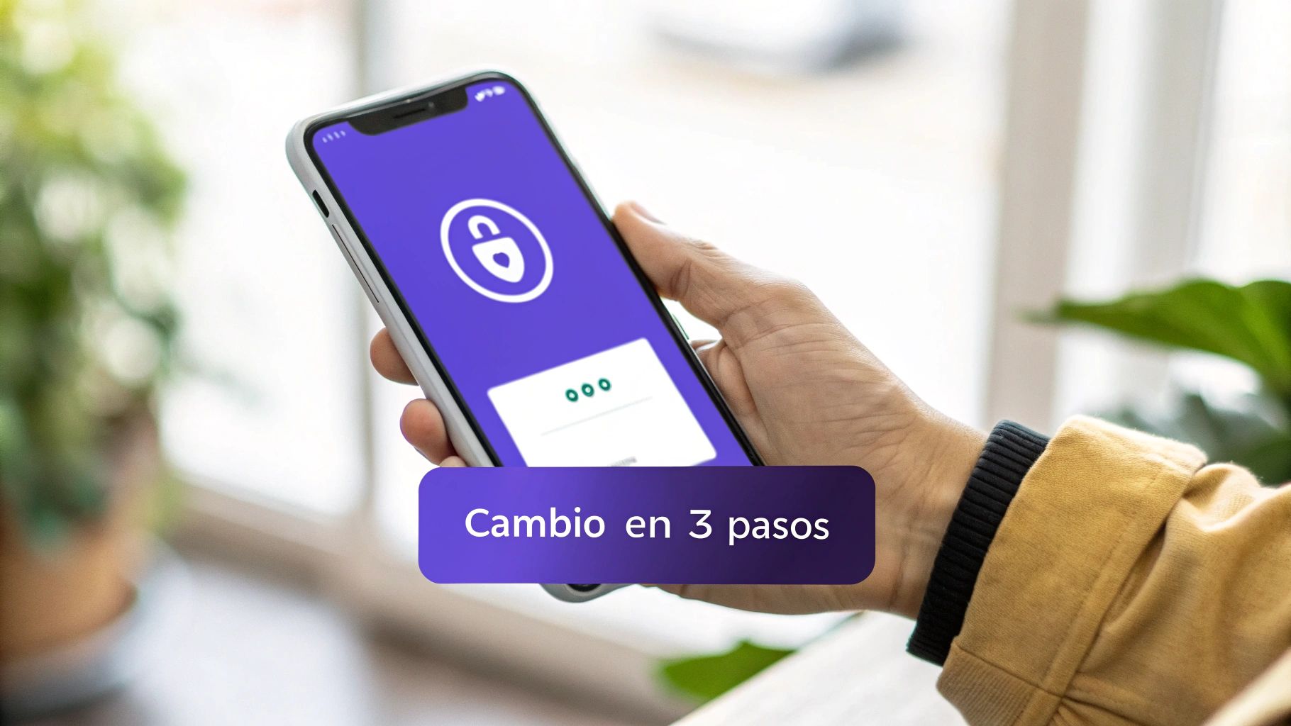 Mano sosteniendo un smartphone con pantalla morada, icono de candado y texto 'Cambio en 3 pasos'.