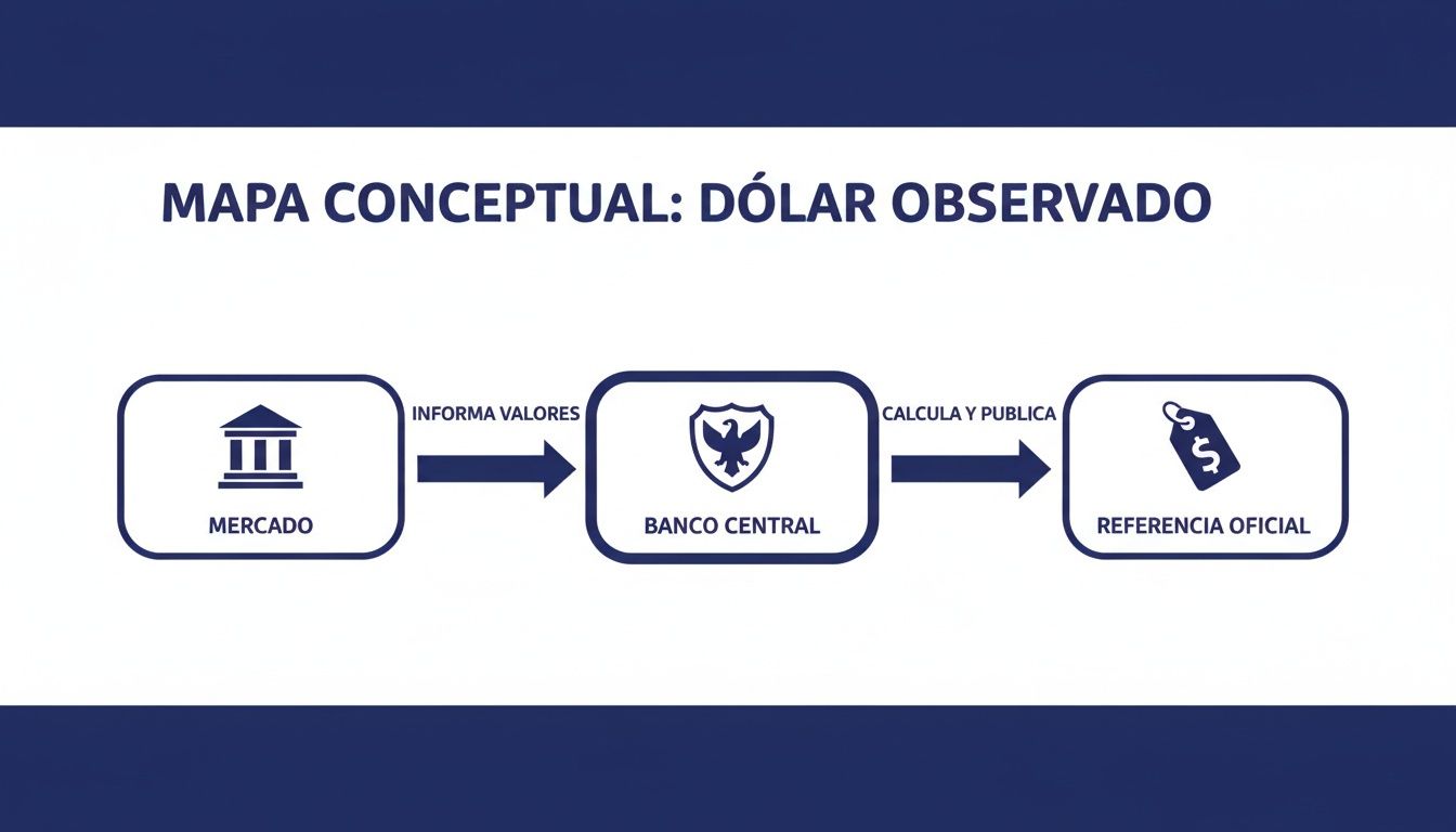 Mapa conceptual del dólar observado, mostrando el flujo de información del mercado al Banco Central y su publicación oficial.