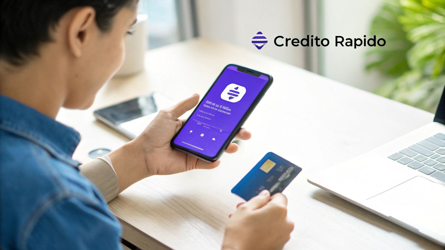 Persona usando un smartphone y tarjeta de crédito para gestionar créditos rápidos en línea.