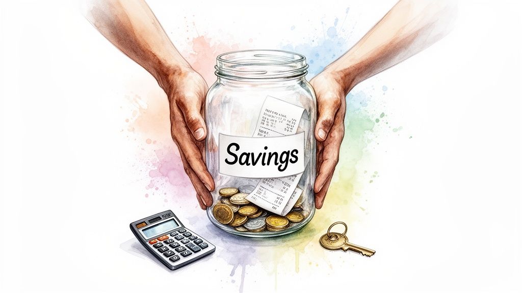 Hands holding a glass jar labeled 'Savings' filled with coins and receipts, with a calculator and a key nearby.