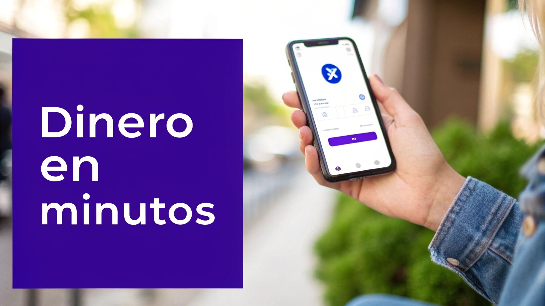 Una persona sostiene un teléfono con una aplicación móvil abierta y el texto "Dinero en minutos".