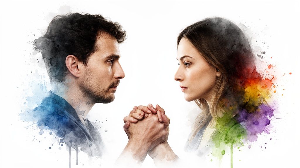 A man and woman facing each other, holding hands, with watercolor splashes of blue and rainbow colors.