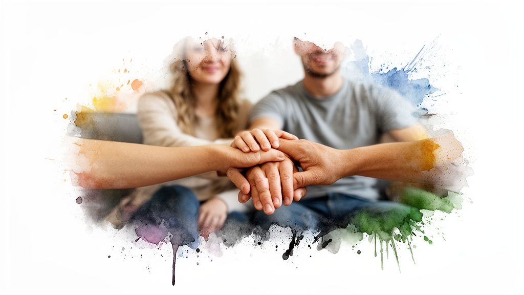 A couple with hands stacked in the foreground, representing unity and support, with a vibrant watercolor splash effect.