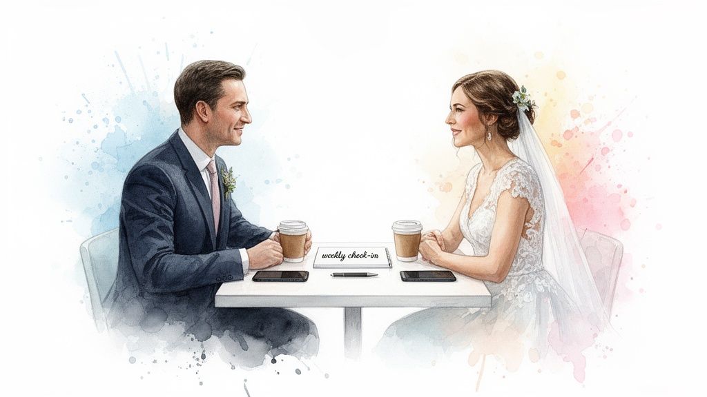 Watercolor illustration of a newlywed couple having a 'weekly check-in' coffee meeting.