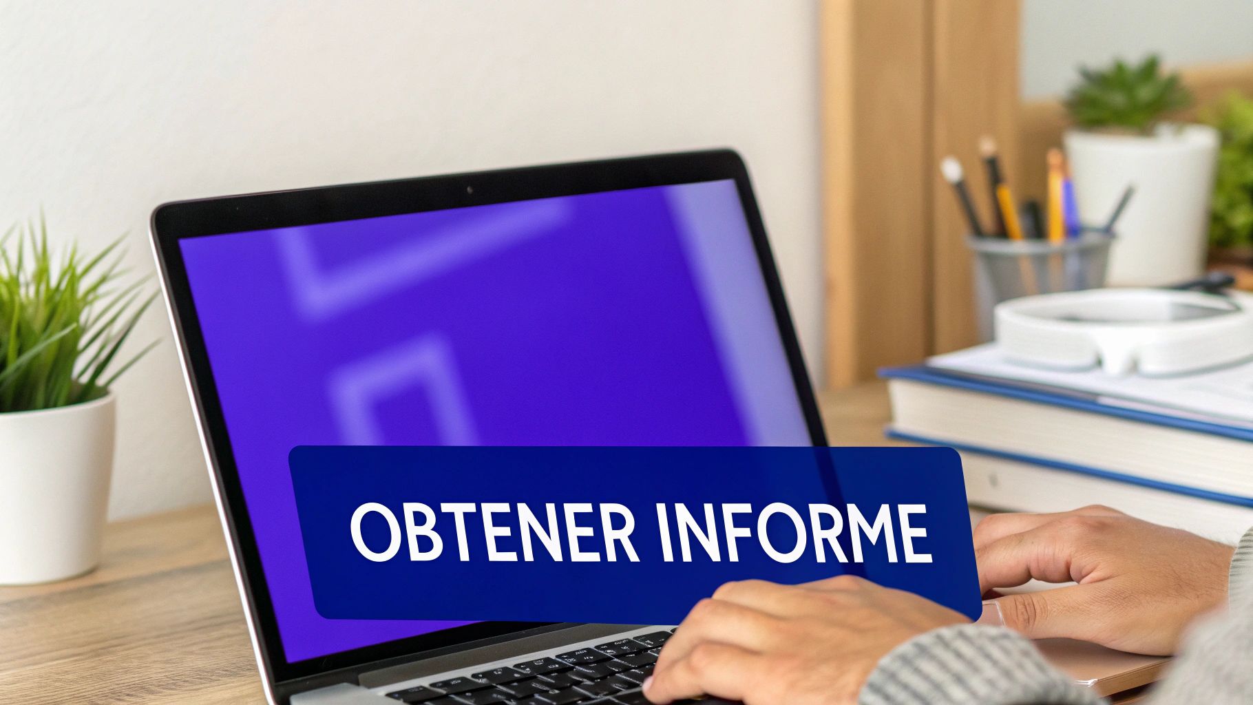 Persona tecleando en un portátil con el texto 'OBTENER INFORME' en la pantalla, en un entorno de oficina.