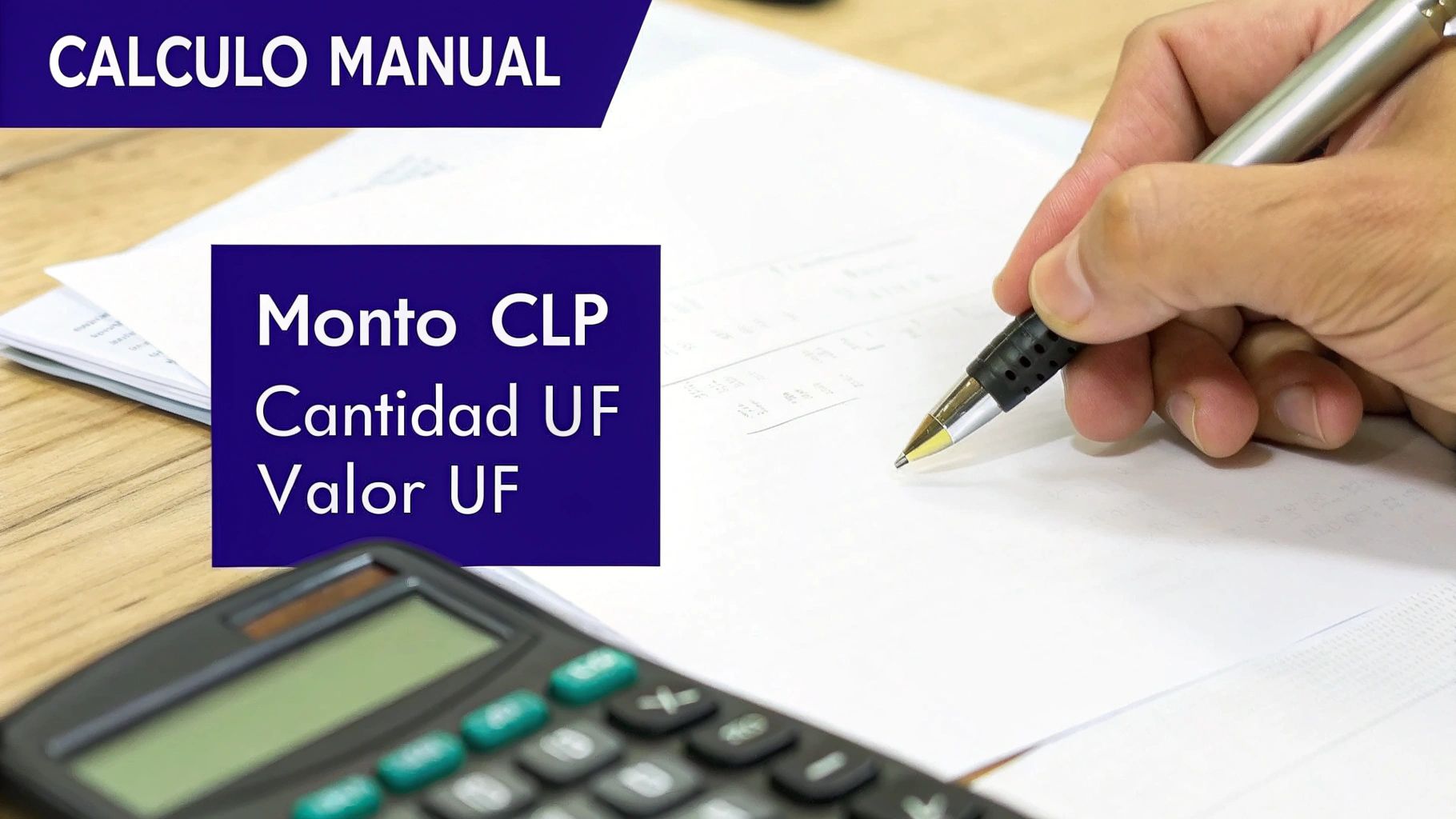 Persona calculando manualmente con un lápiz y papel, con texto sobre Monto CLP, Cantidad UF y Valor UF, y una calculadora.
