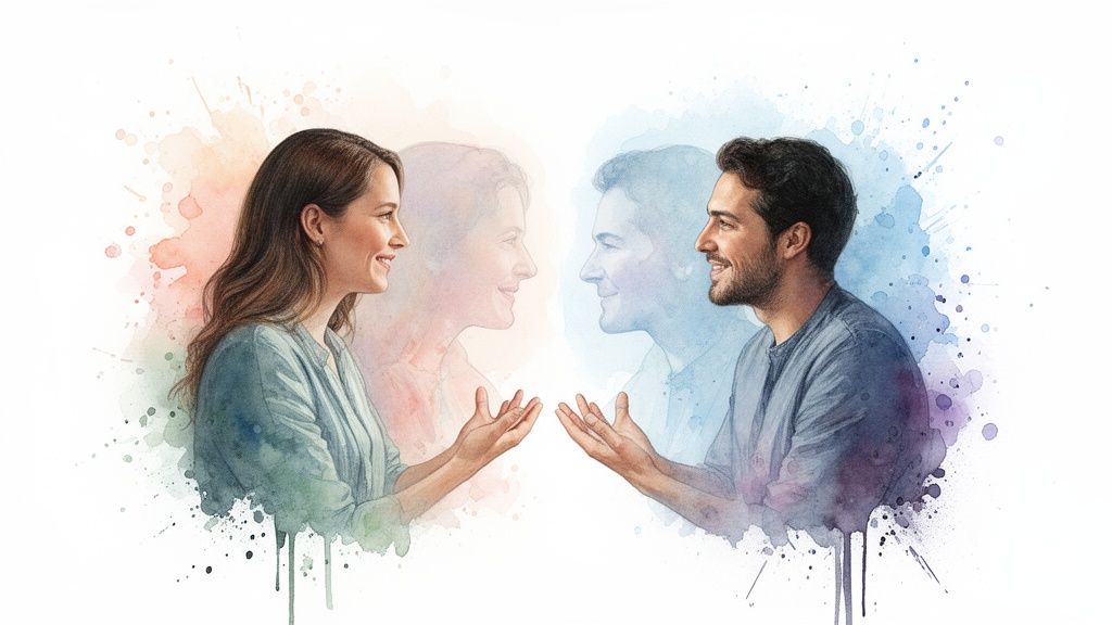 A watercolor illustration of a man and woman smiling and facing each other, symbolizing connection.