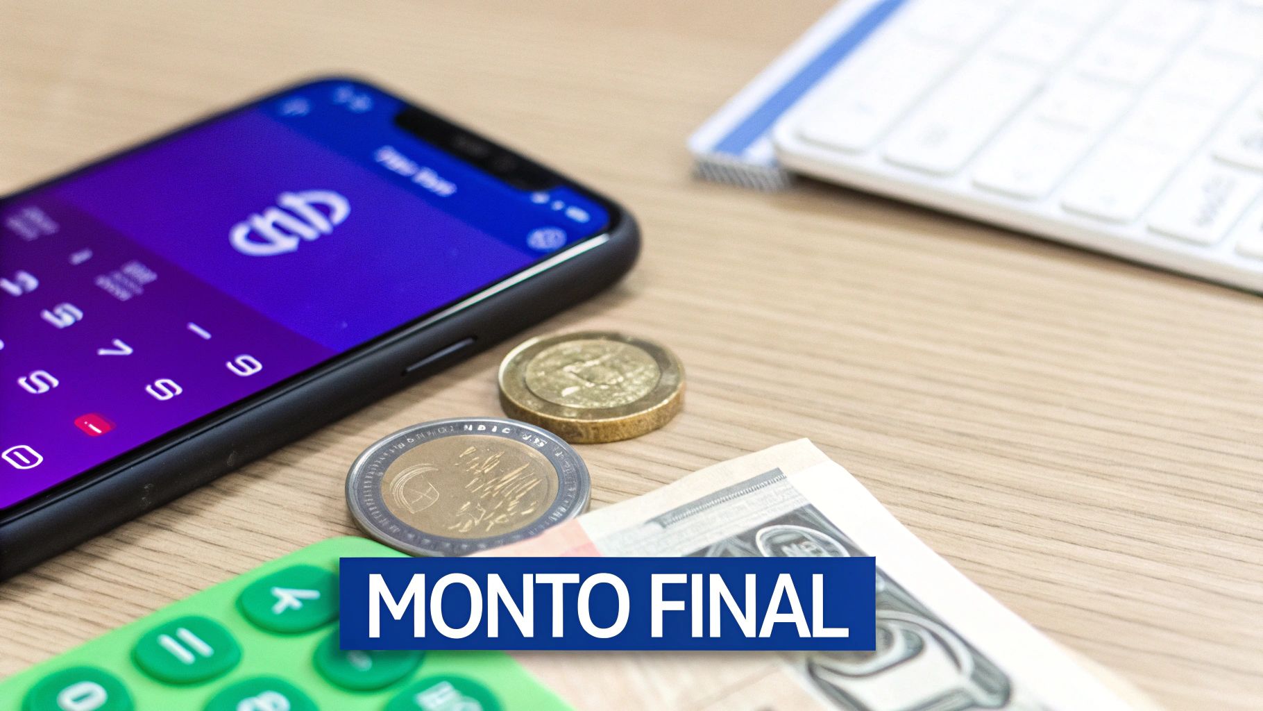 Teléfono con aplicación, monedas, billetes y calculadora sobre una mesa de madera. Superpuesto: MONTO FINAL.