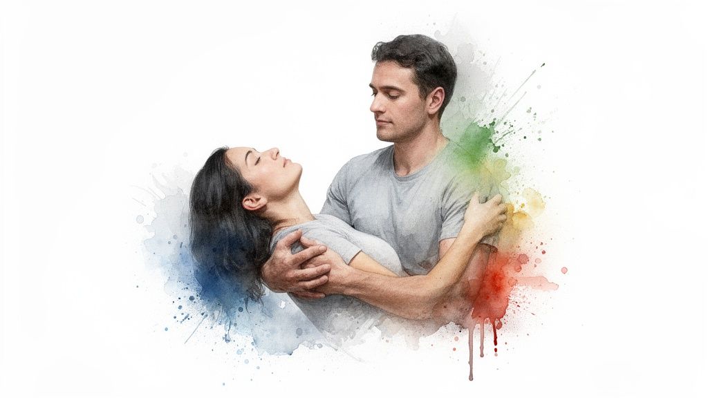 A man holds a woman in his arms, surrounded by colorful watercolor splashes, conveying trust and intimacy.