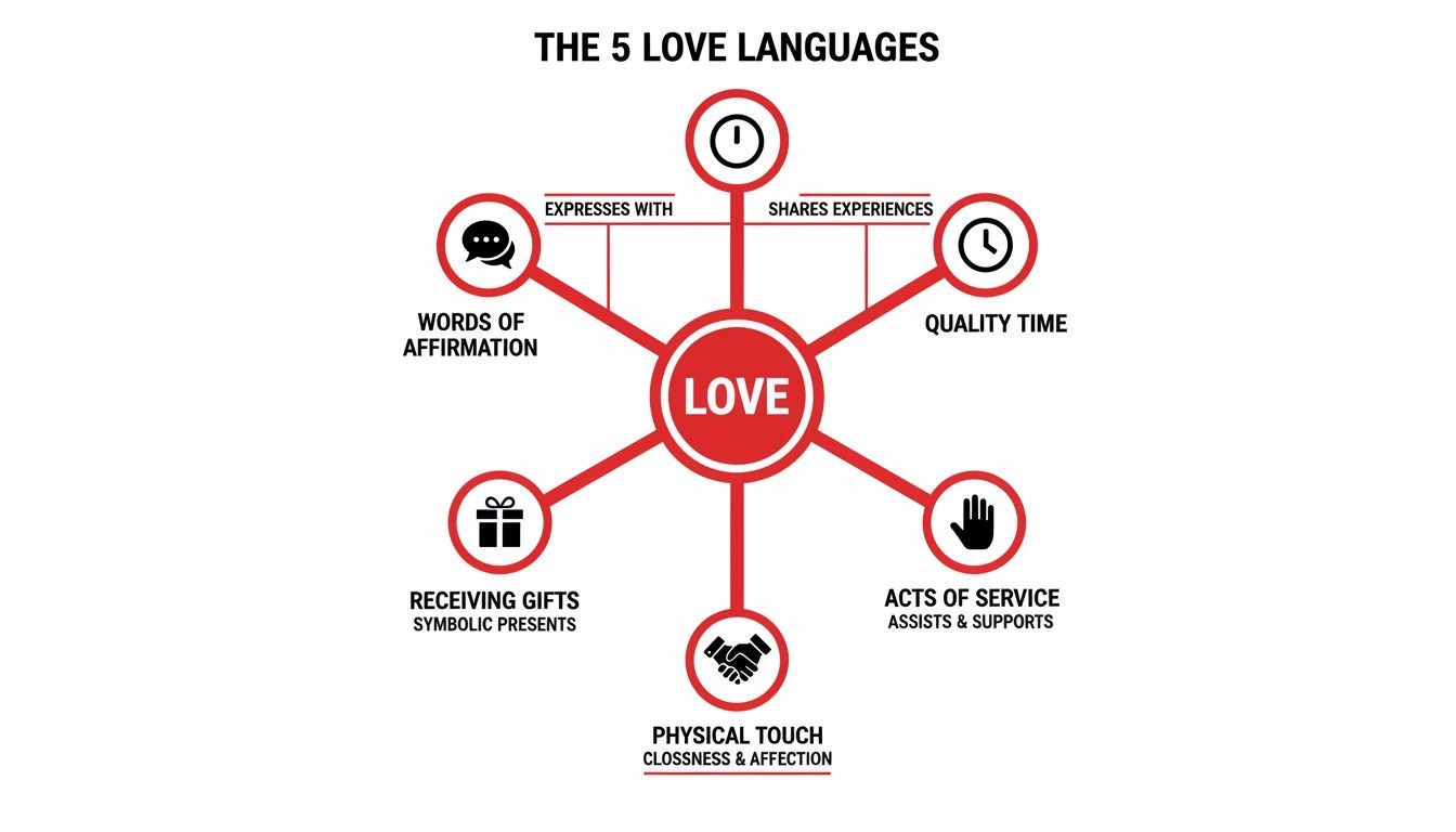 Diagram illustrating the 5 Love Languages: Words of Affirmation, Quality Time, Receiving Gifts, Acts of Service, and Physical Touch.