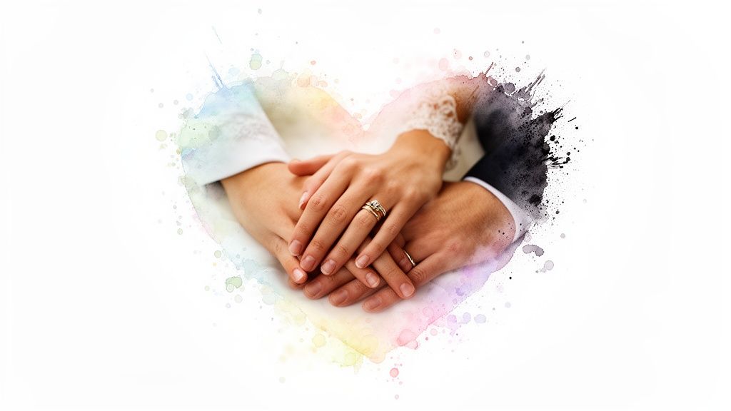 Close-up of a married couple's hands with wedding rings, forming a heart, with a vibrant watercolor effect.