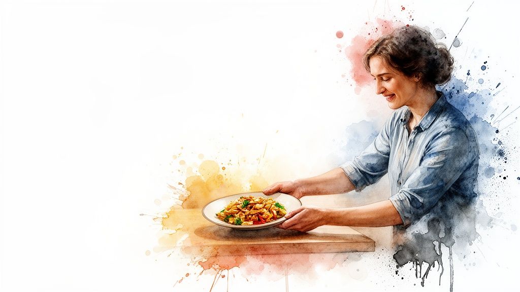 Smiling woman in watercolor style serving a delicious plate of freshly cooked food.