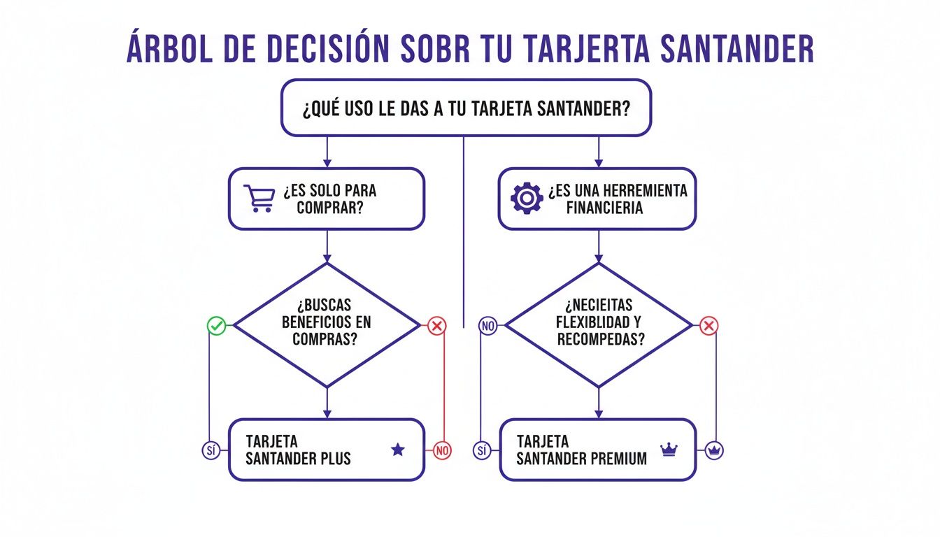 Árbol de decisión para elegir tu tarjeta Santander ideal según su uso y beneficios.