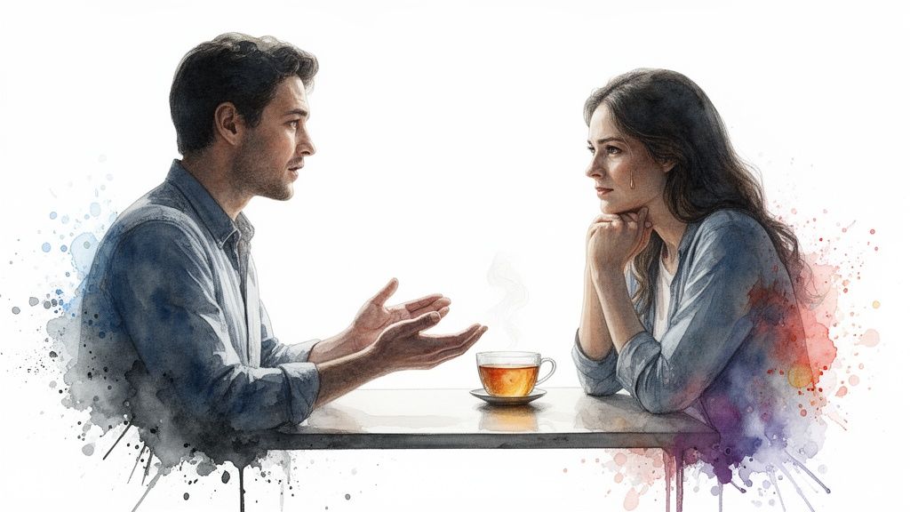 A watercolor illustration of a man talking to a crying woman over tea at a table.