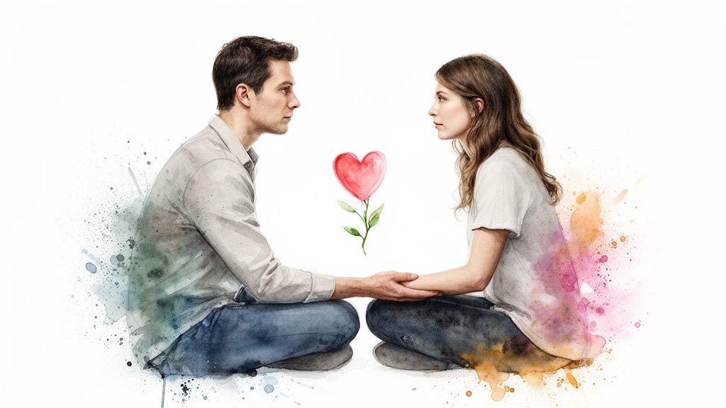 Watercolor image of a man and woman holding hands, a heart flower between them, surrounded by colorful paint splashes.