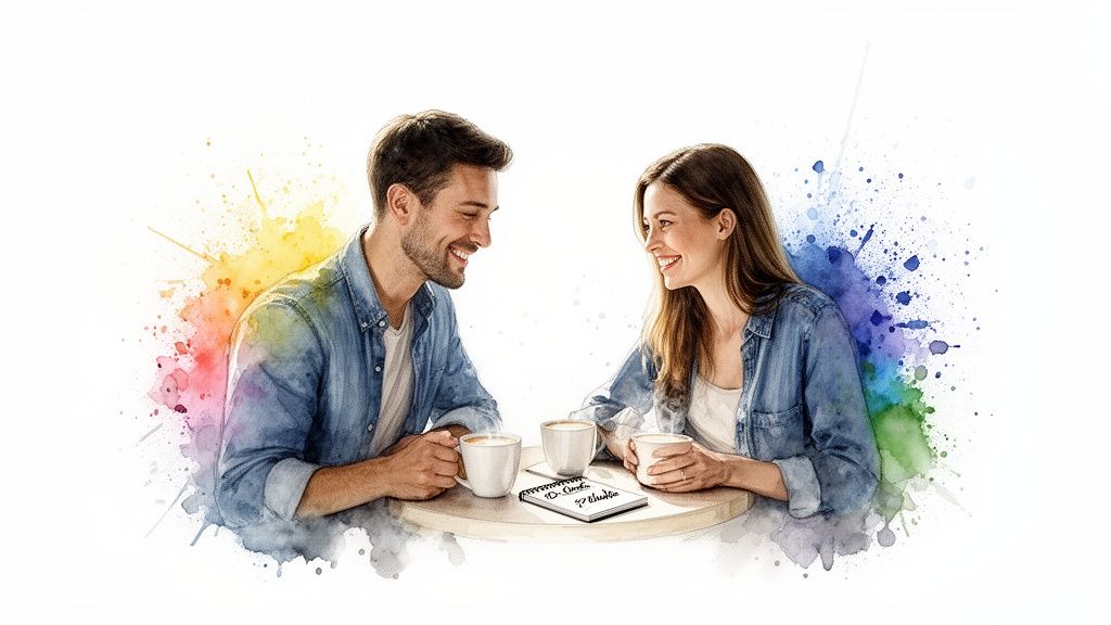 A happy couple smiling at each other over coffee, depicted in a vibrant watercolor style.