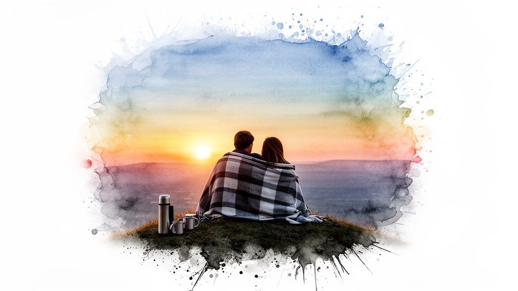 A couple wrapped in a plaid blanket watches a beautiful sunset from a grassy hill, with a thermos and mugs.