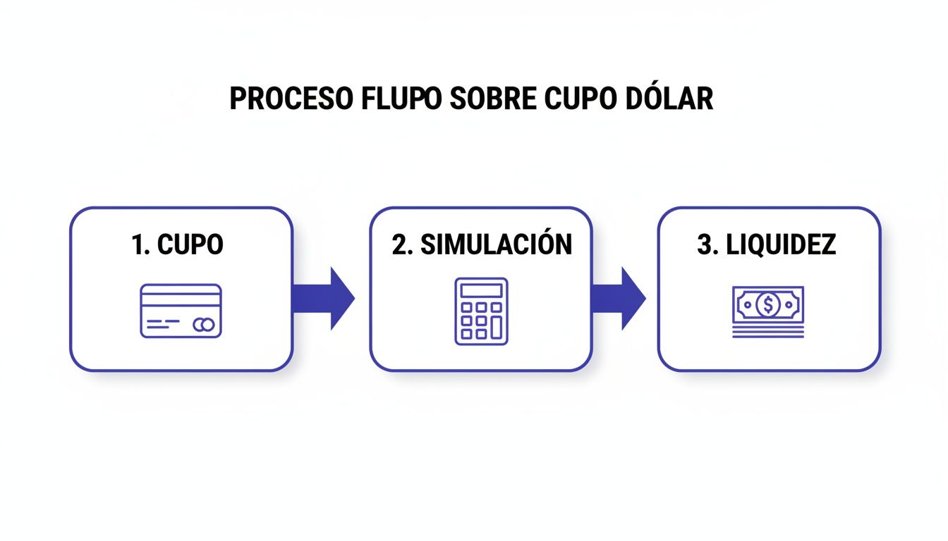 Diagrama de flujo del proceso para obtener liquidez sobre cupo dólar, mostrando cupo, simulación y liquidez.