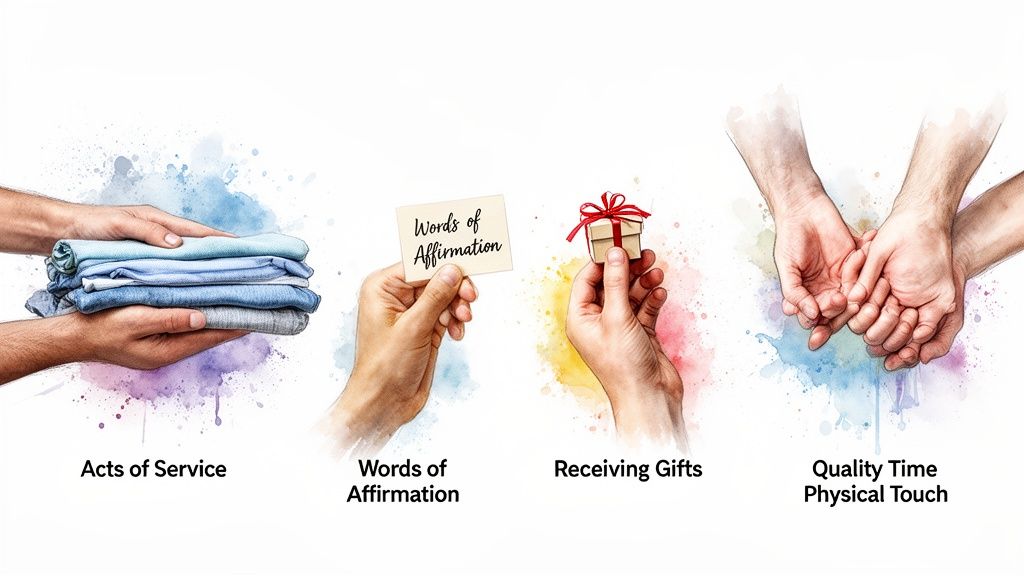 Four hands illustrating the five love languages: Acts of Service, Words of Affirmation, Receiving Gifts, and Quality Time/Physical Touch.