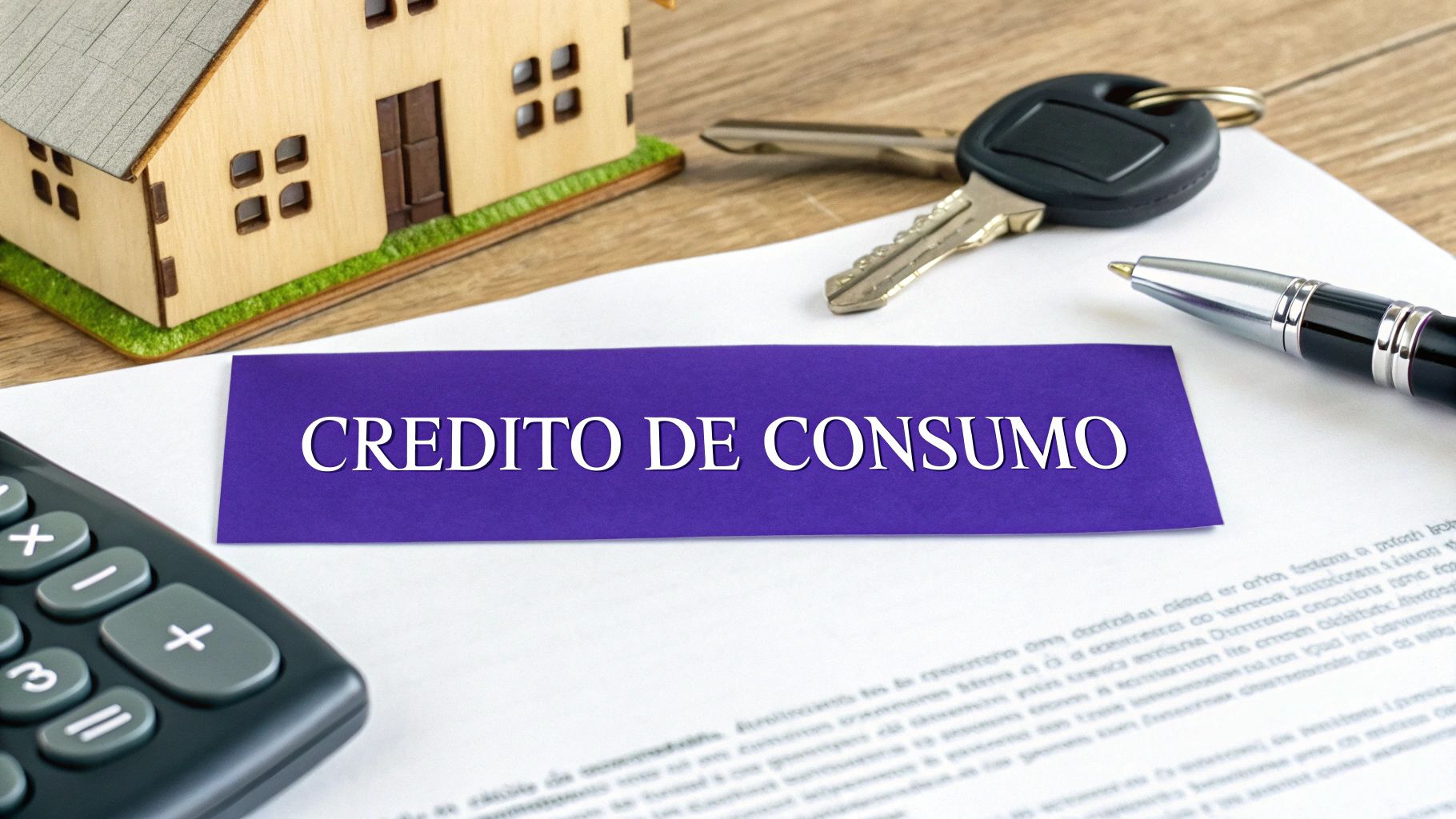 Una casa de juguete, llaves de coche, calculadora y un letrero que dice 'CRÉDIO DE CONSUMO' sobre un documento.