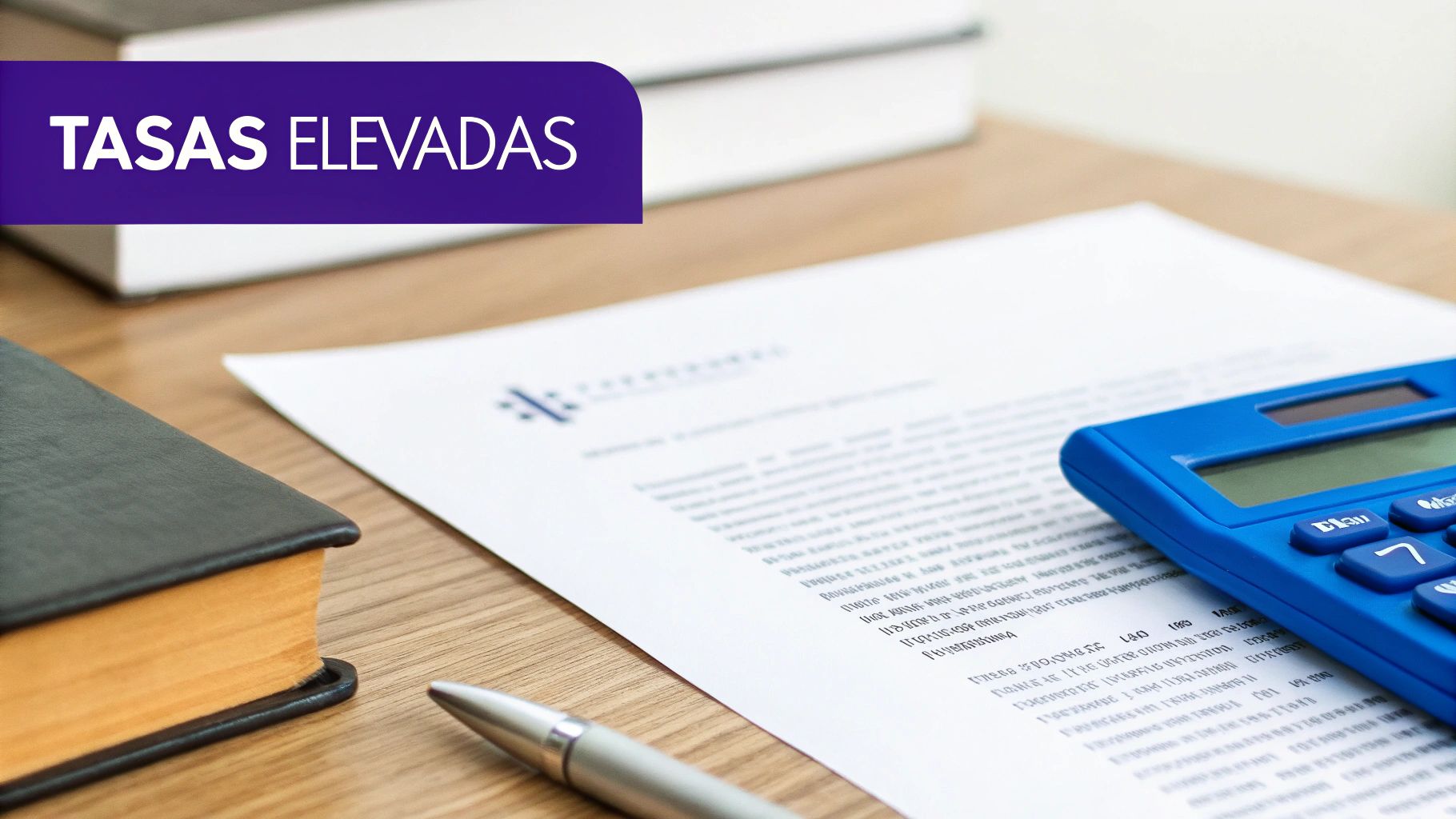 Una calculadora, documentos y un bolígrafo sobre una mesa de madera con un cartel morado que dice 'TASAS ELEVADAS'.