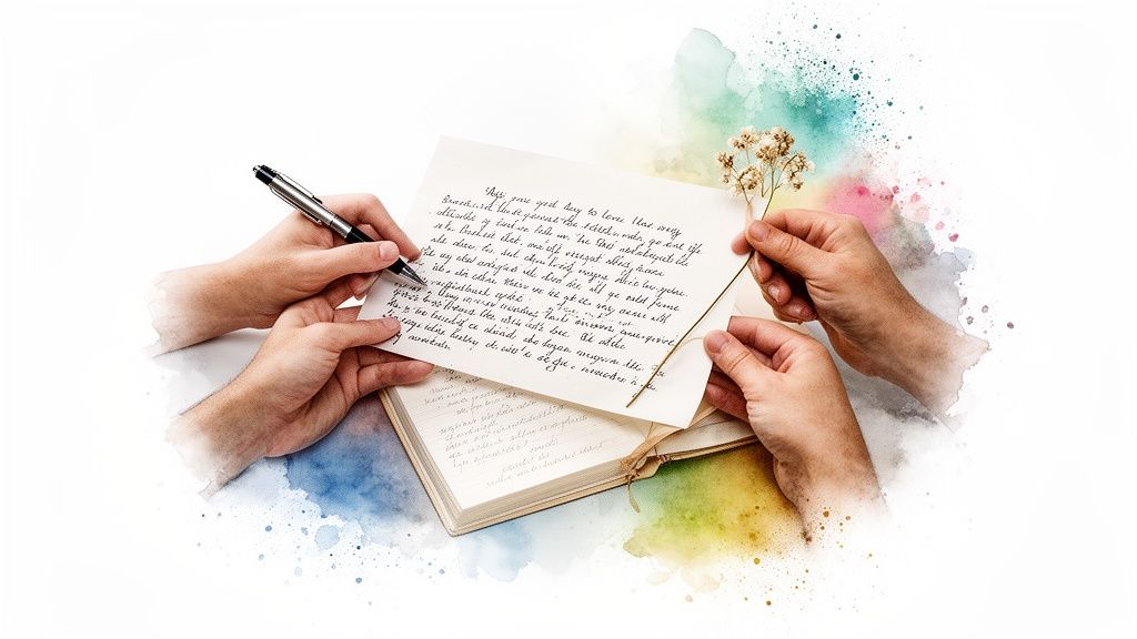 Multiple hands write on a handwritten letter with a pen, holding a dried flower over an open journal.