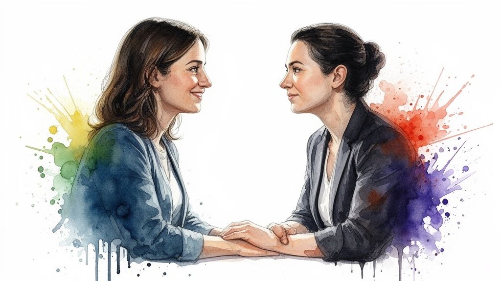 Watercolor illustration of two women holding hands, facing each other, surrounded by vibrant, rainbow-colored splashes.