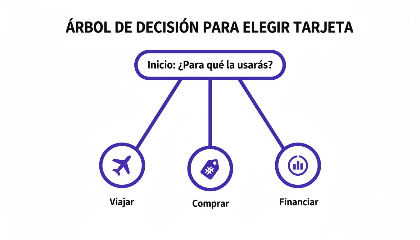 Un árbol de decisión para elegir tarjetas de crédito, con opciones para viajar, comprar o financiar.