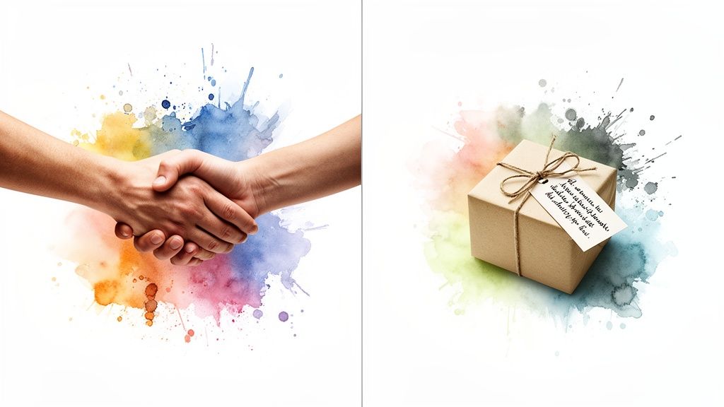 A handshake on colorful watercolor splashes, next to a gift box with a tag.