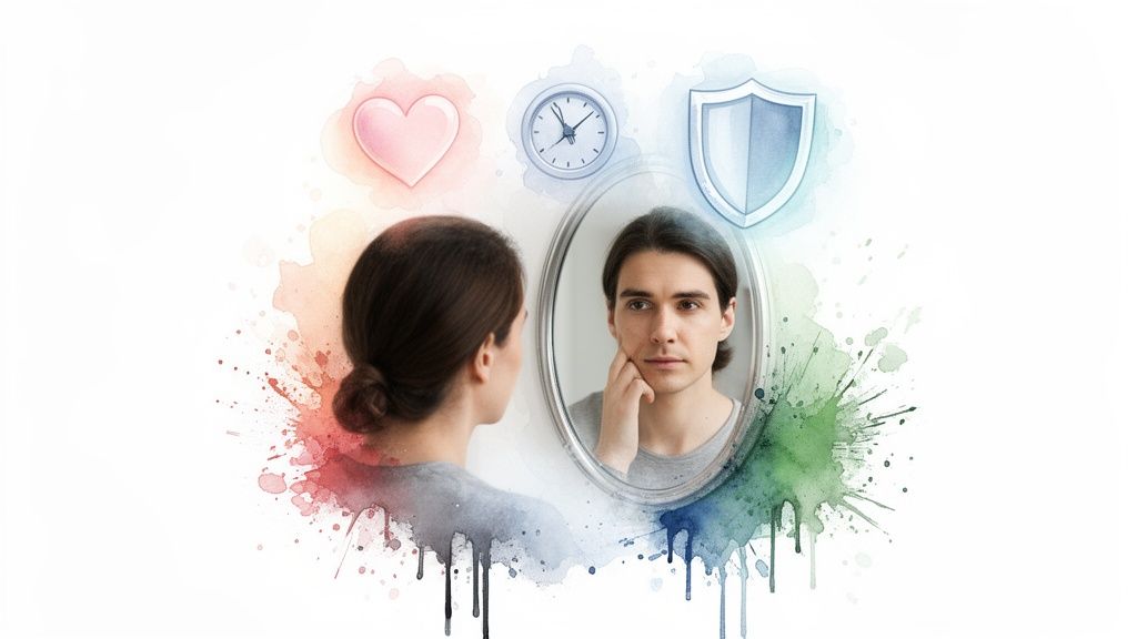 A person looking at their male reflection in a mirror, surrounded by symbols of heart, clock, and shield.