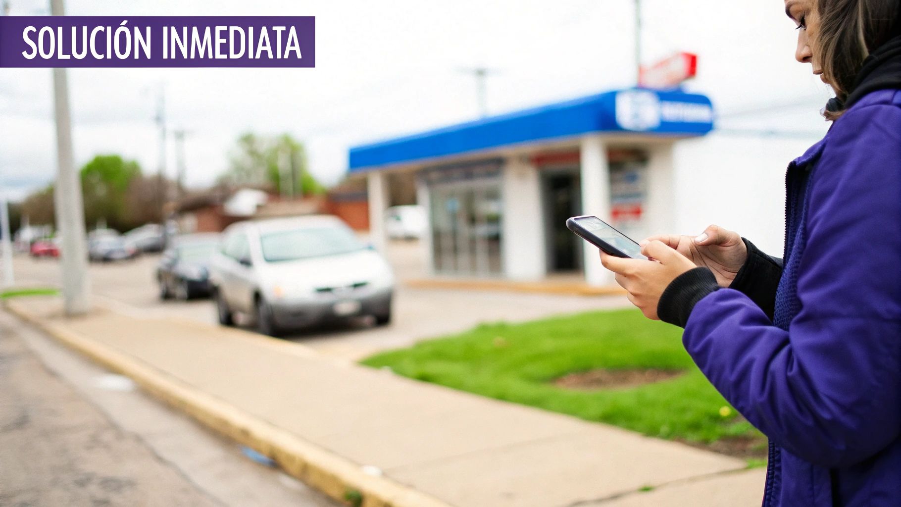 Mujer usando un smartphone en la calle, con coches y un edificio al fondo, y el texto "SOLUCIÓN INMEDIATA".