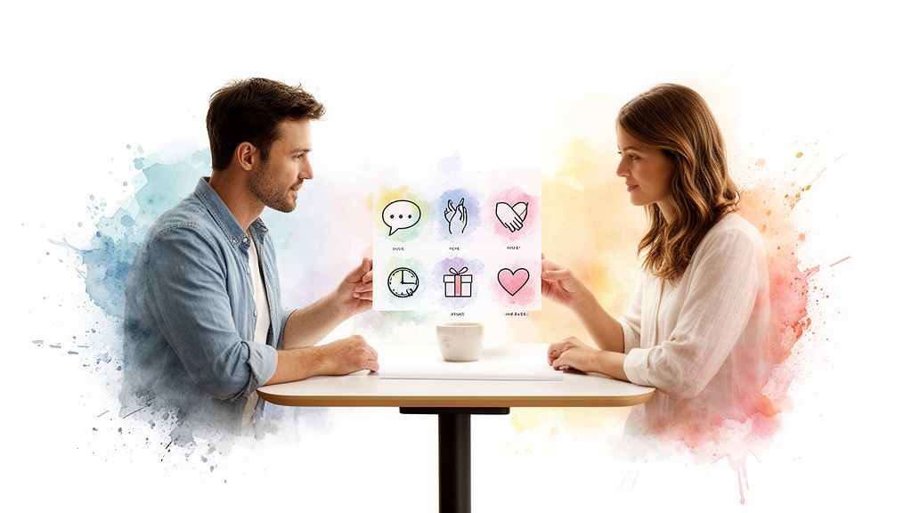 Couple discusses relationship concepts, holding a paper with six love language icons.