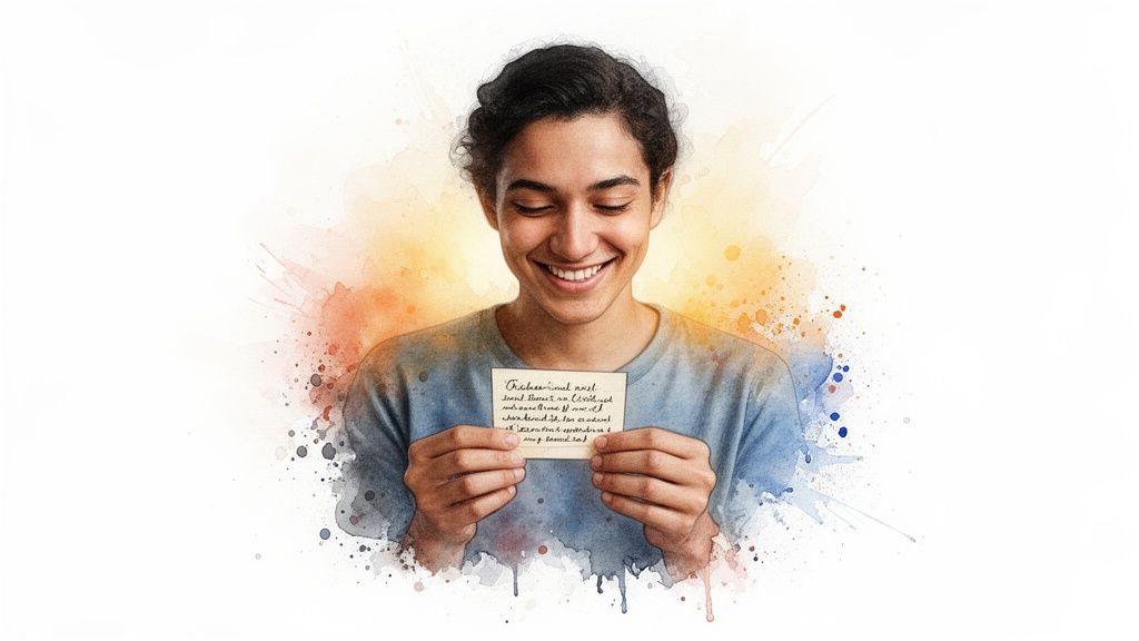 A smiling young man looks at a small card with handwritten text, surrounded by watercolor splashes in the background.