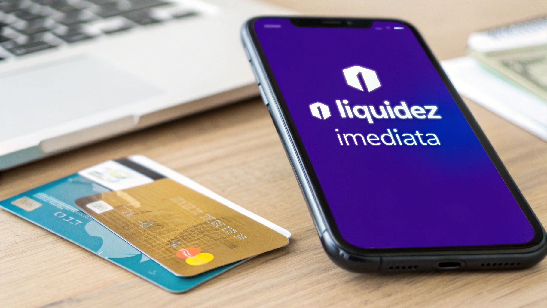 Teléfono con aplicación 'Liquidez Inmediata', tarjetas de crédito y laptop sobre una mesa de madera.