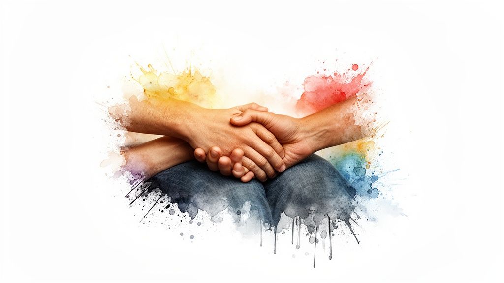 Two hands clasped together in a colorful watercolor design, symbolizing connection and support.