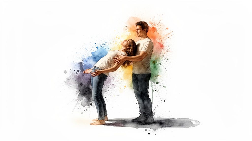 A man supports a woman bending backward, surrounded by vibrant watercolor splashes.