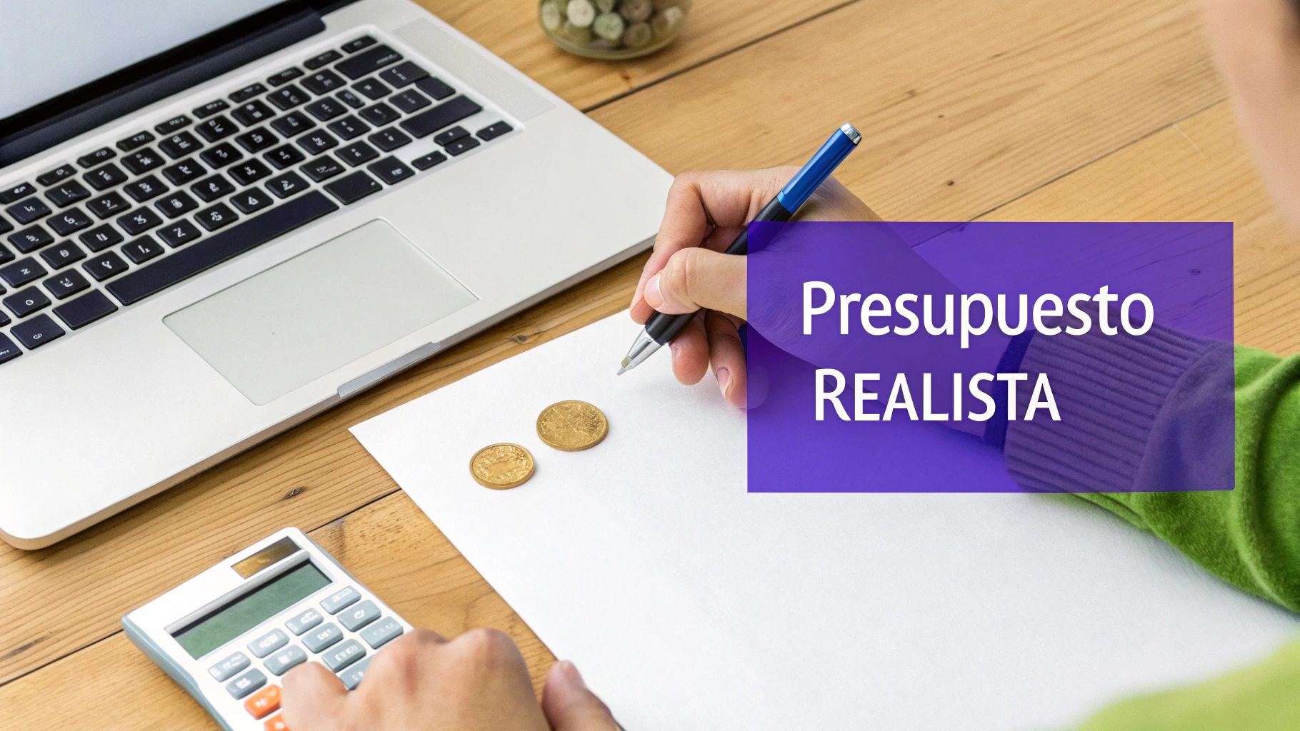 Persona planificando un presupuesto realista, con laptop, calculadora y monedas en una mesa de madera.